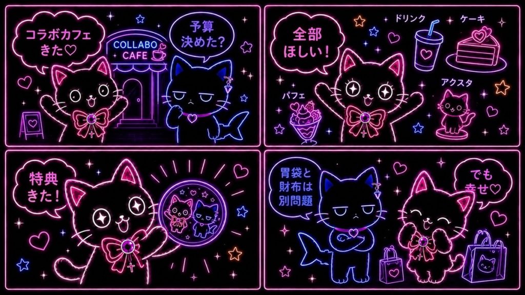 推し活カフェコラボあるある｜推しネコとサメコが語る推し活ライフ（4コマ漫画）