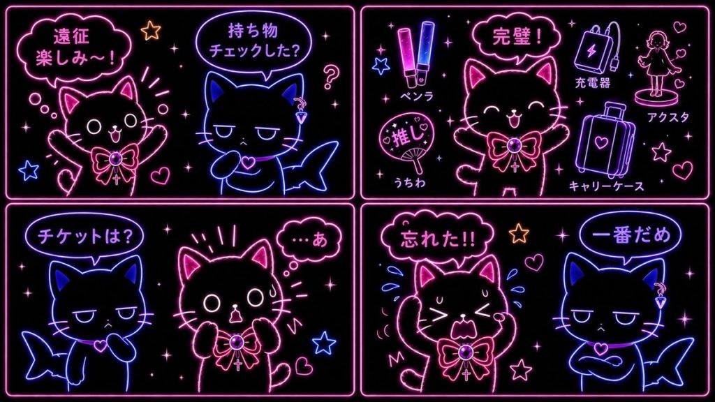 推し活遠征あるある4コマ漫画。遠征の準備、持ち物チェック、チケット確認のシーンが描かれ、推しネコとサメコが遠征初心者向けのポイントを語っている。
