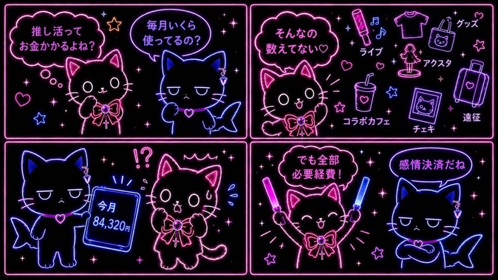 推し活お金事情あるある4コマ漫画。推し活費の金額、グッズ購入、その他アクスタなど、推し活にかかるお金とその悩みが描かれ、推しネコとサメコが予算管理について語っている。