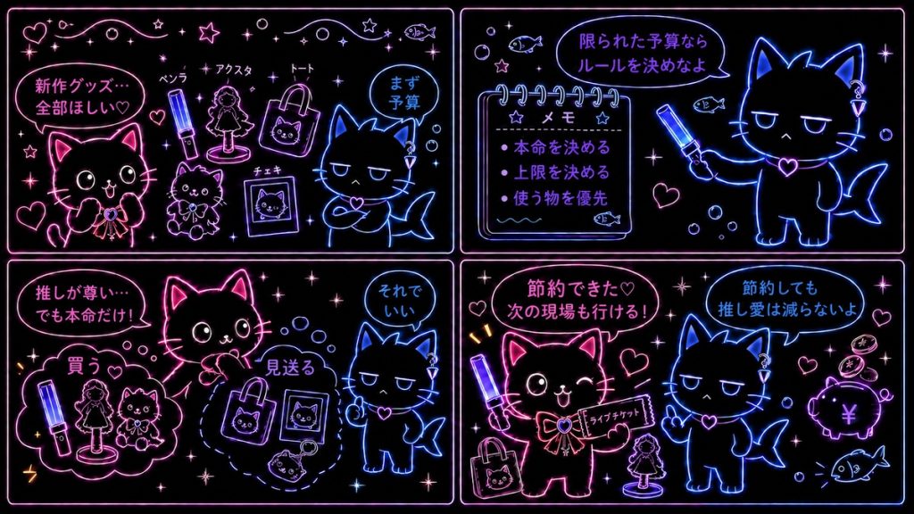 推し活節約術あるある4コマ漫画。グッズ購入の葛藤、予算ルール設定、優先順位の判断、そして節約しても推し愛は減らないというメッセージが描かれ、推しネコとサメコが節約術のポイントを語っている。