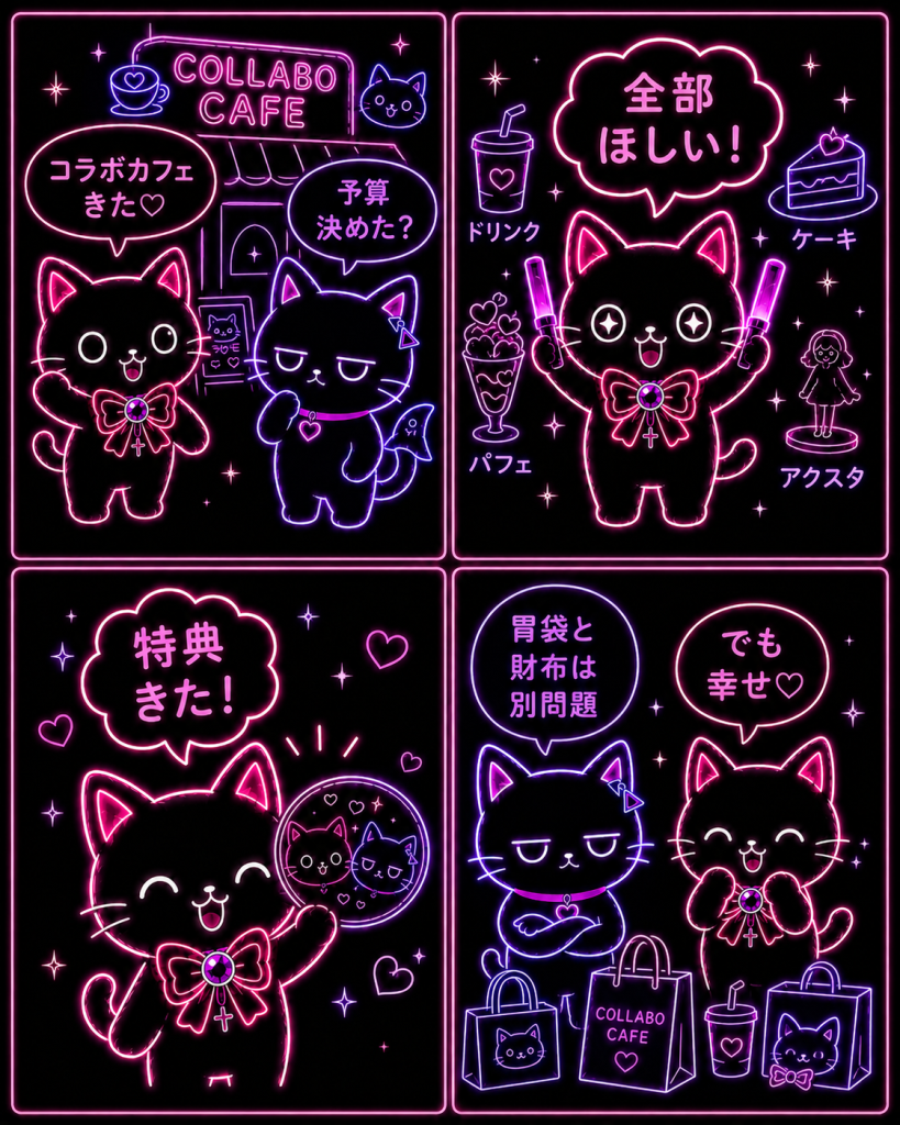 推し活カフェコラボあるある|推しネコとサメコが語る推し活ライフ(4コマ漫画)