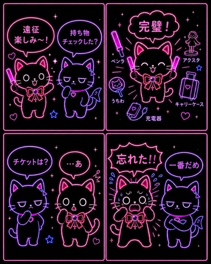 推し活遠征あるある4コマ漫画。遠征の準備、持ち物チェック、チケット確認のシーンが描かれ、推しネコとサメコが遠征初心者向けのポイントを語っている。