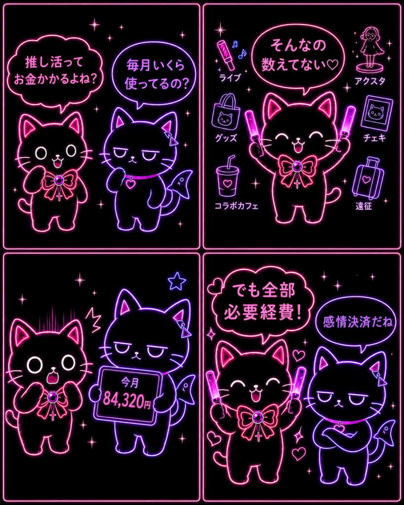 推し活お金事情あるある4コマ漫画。推し活費の金額、グッズ購入、その他アクスタなど、推し活にかかるお金とその悩みが描かれ、推しネコとサメコが予算管理について語っている。