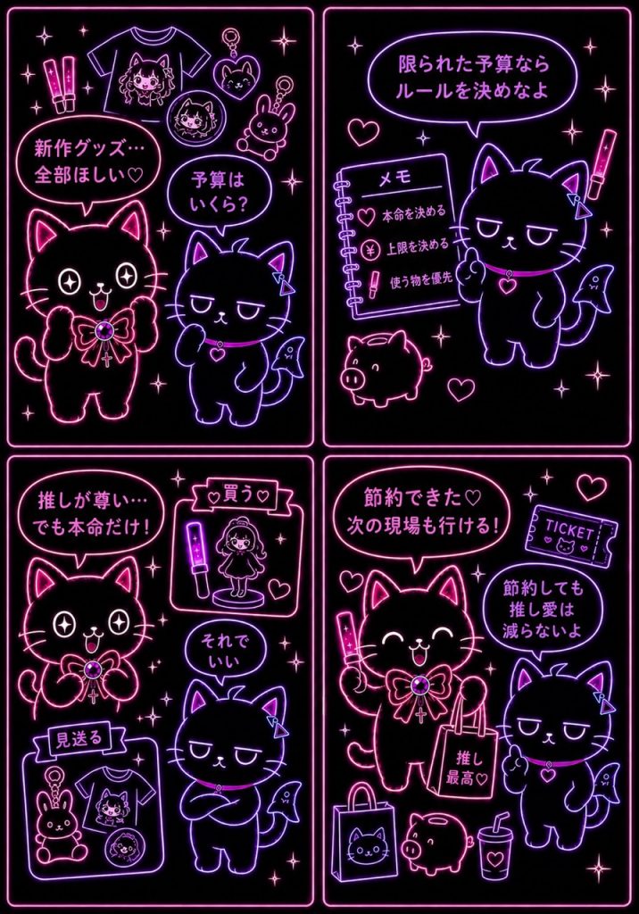 推し活節約術4コマ漫画。「新作グッズ全部ほしい」という推しネコと「限られた予算ならルールを決めなよ」というサメコの会話から、グッズ購入ルール、優先順位判断、最終的に節約できて次の現場へ行けるという推し活の本質を表現。