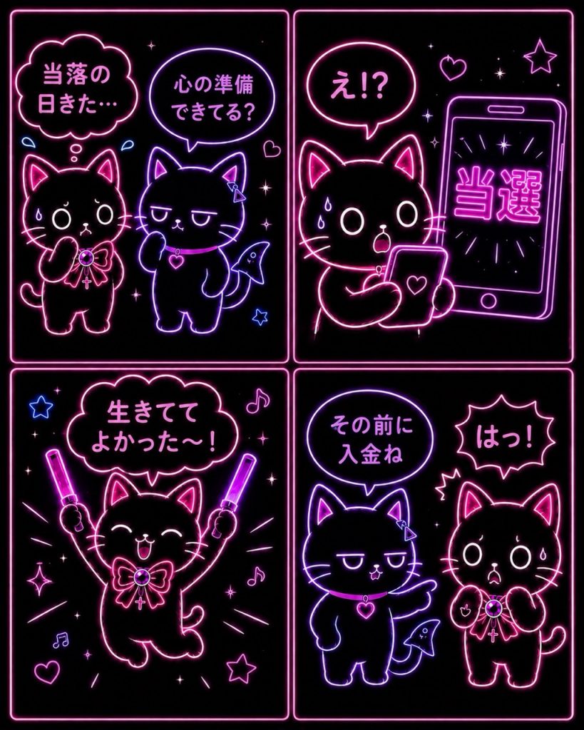 推し活チケット当落あるある4コマ漫画。当落発表の緊張、当選の喜び、入金期限の現実というあるあるシーンが描かれ、推しネコとサメコがリアルなポイントを語っている。
