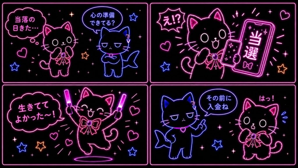 推し活チケット当落あるある4コマ漫画。当落発表の緊張、当選の喜び、入金期限の現実というあるあるシーンが描かれ、推しネコとサメコがリアルなポイントを語っている。